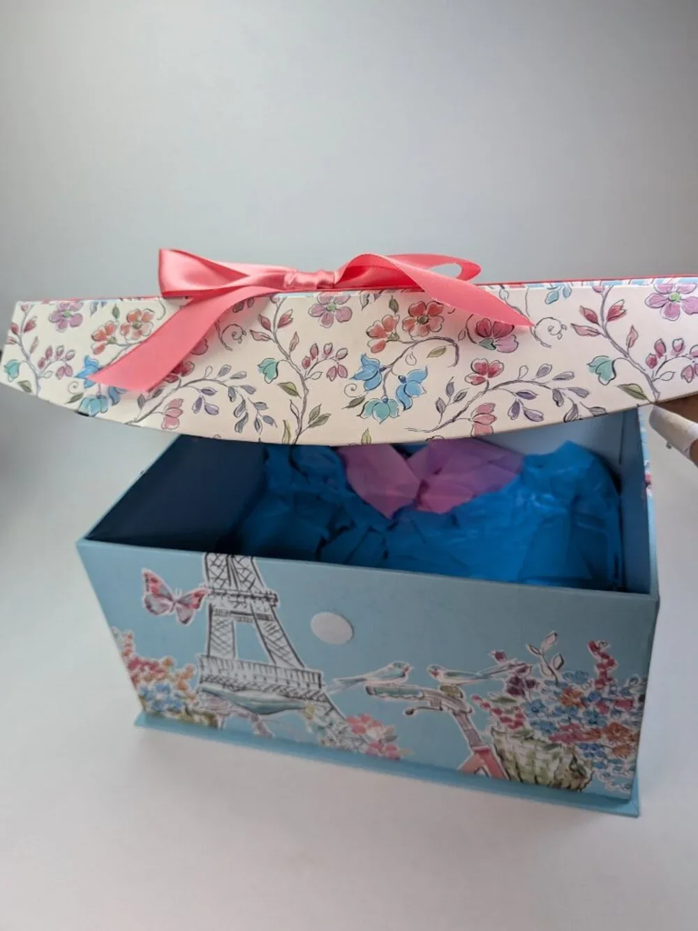 Paris France Storage Box Eiffel Tower Pink Ribbon Spring Floral Blue